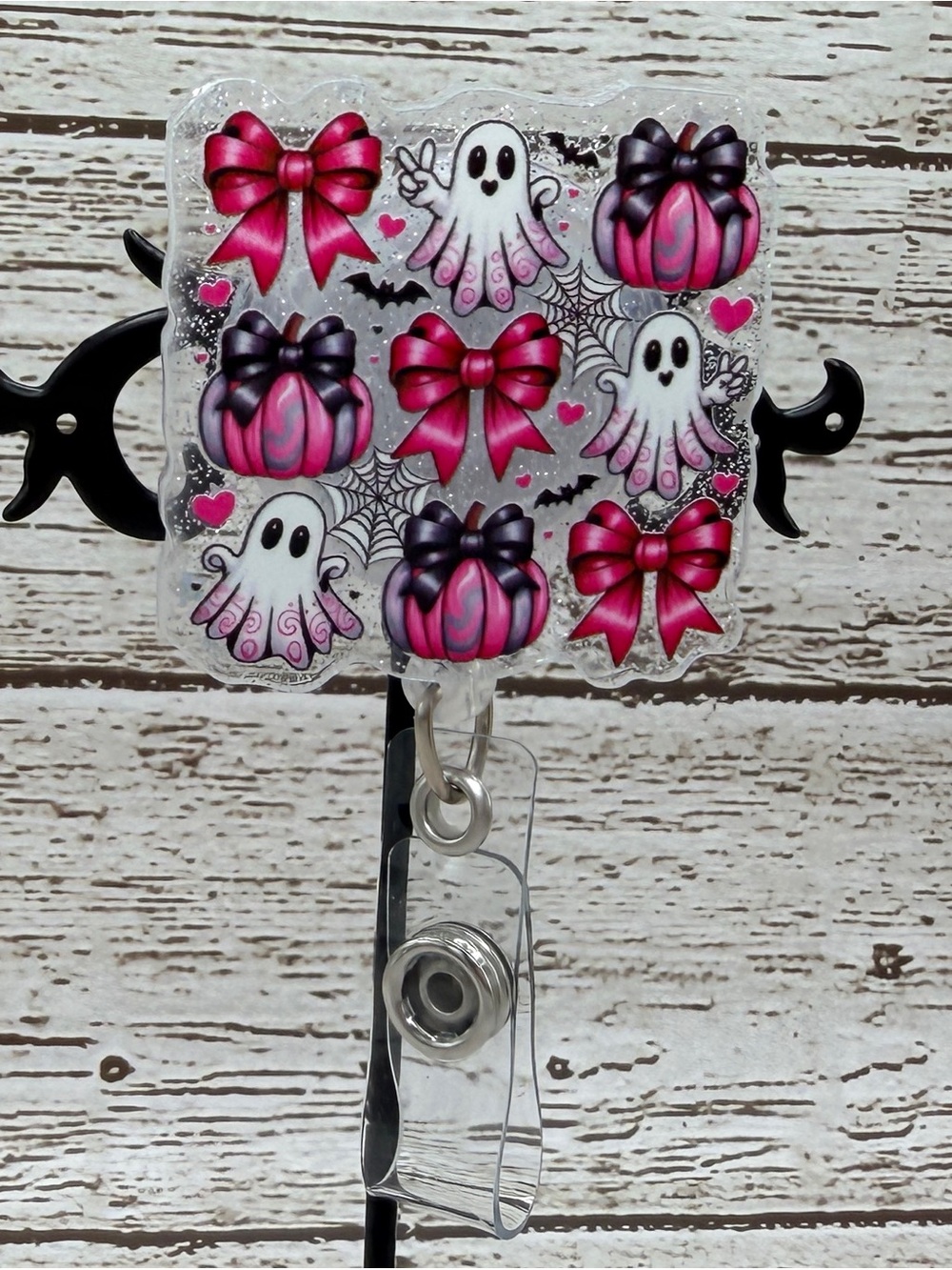 Pink Ghost & Pumpkin Badge Reel – Cute Pink Accent